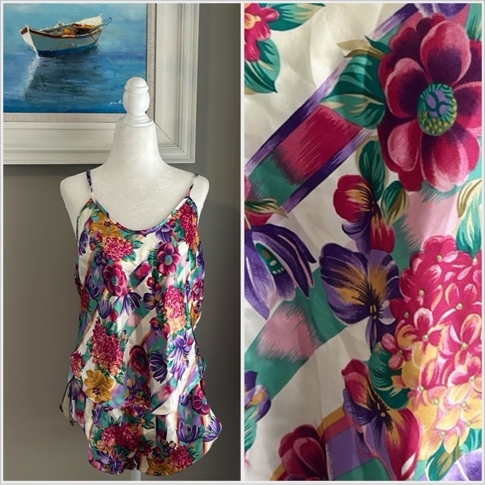 Vintage California Dynasty 2 Piece Sleeveless Short Floral Pajama Set